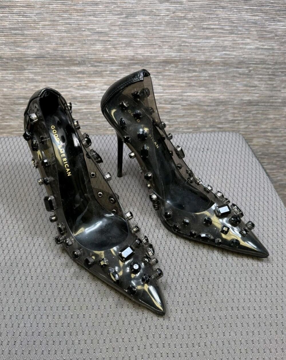 Good American Jeweled Emma Light Smoke Stiletto Heel Womens Size 9 Clear Black